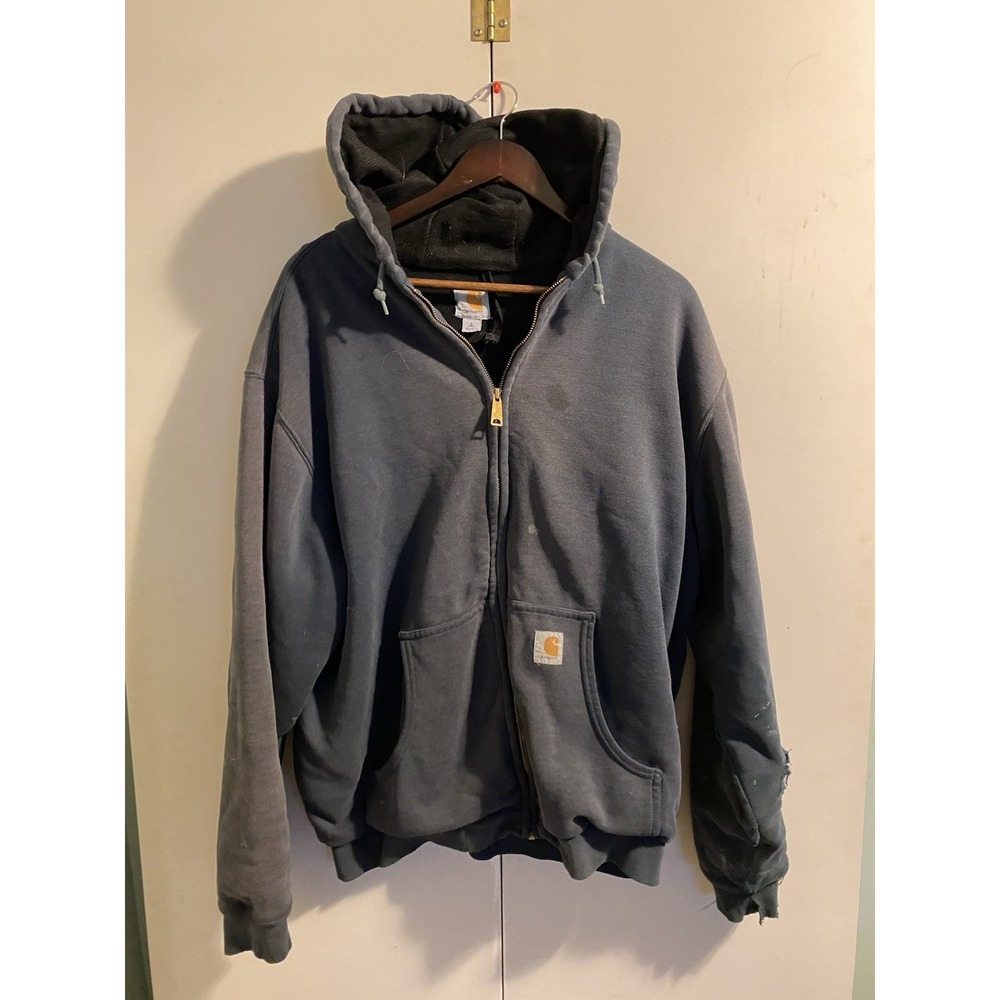 Distressed Carhartt J149 Hoodie Sweatshirt NVY Blue Mens LT Heavy Work Thermal